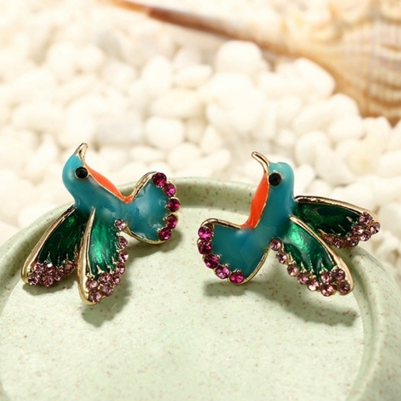 Colorful Hummingbird Rhinestone Earrings - Picture 5 of 7